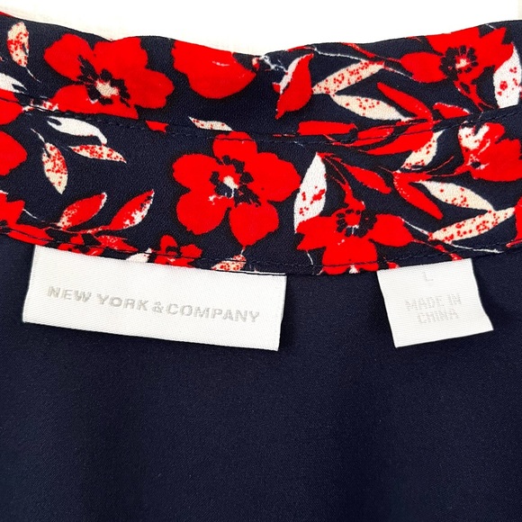 NY&Co Midi Dress w/ Red Floral Print on Navy, 3/4 Sleeve V-neck Belted sz L - Picture 5 of 12